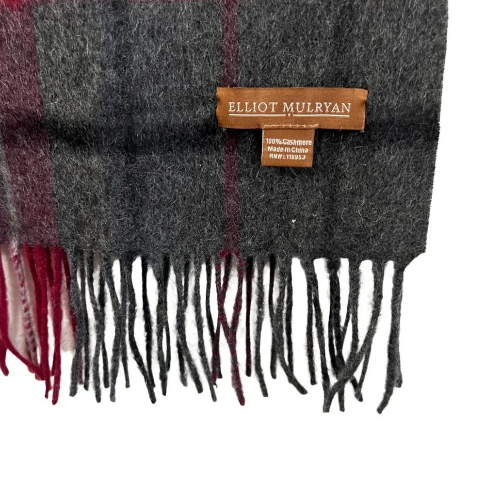 Elliot Mulryan Mens Gray Black Burgundy Plaid Cashmere Fringe Rectangle Scarf